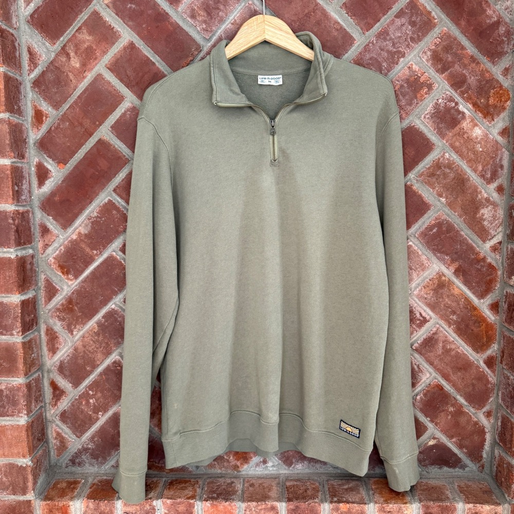 Life is Good Quarter Zip Sweatshirt Mens M Green Cotton French Terry Pullover